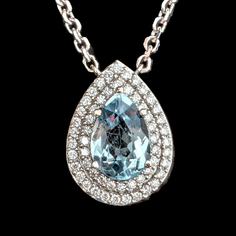 Vintage Pear Cut Aquamarine Diamonds 14k White Gold Necklace Pendant Chain Gift